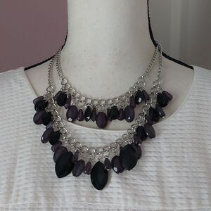 Layered Beaded Fringe Statement Necklace Black Silver Cha Cha Chain